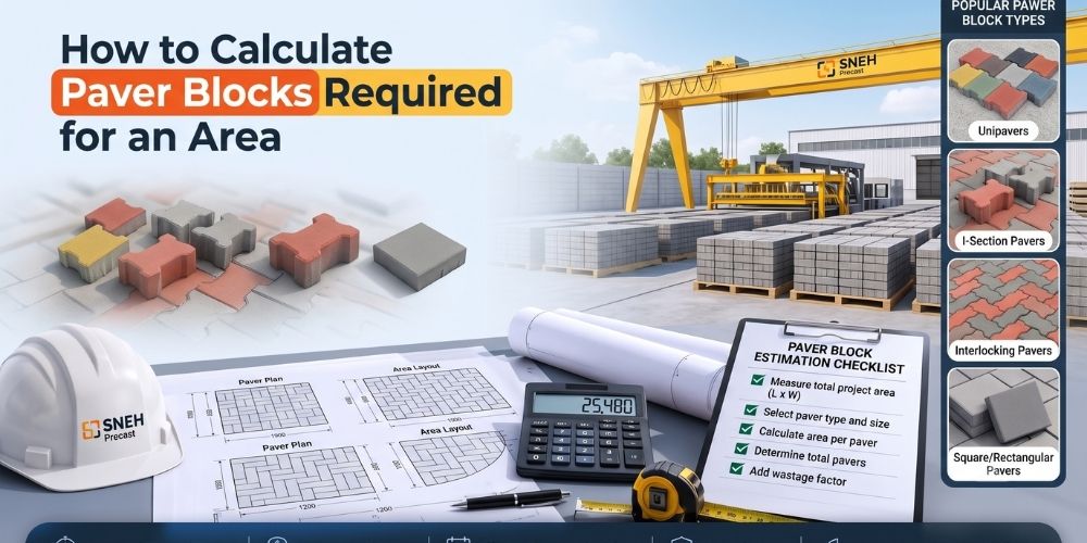 Paver block quantity calculation guide showing interlocking pavers, unipavers, layout blueprints, and estimation checklist for construction projects.